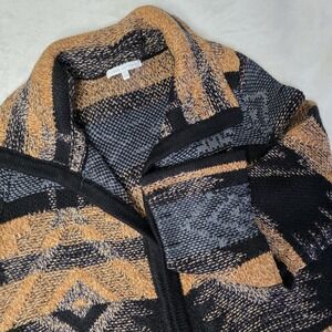 Linda Matthews Womens Small Brown Aztec Boho Striped Long Open Front‎ Cardigan